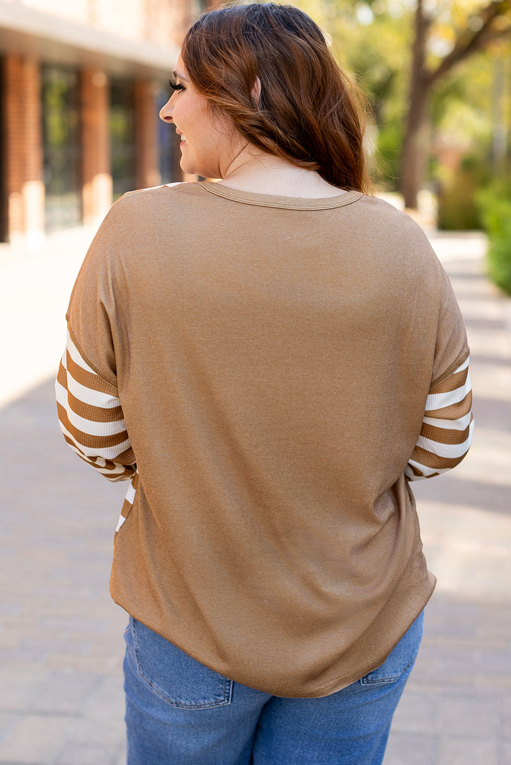 Khaki Striped Checkered Patchwork Ribbed Plus Size Top