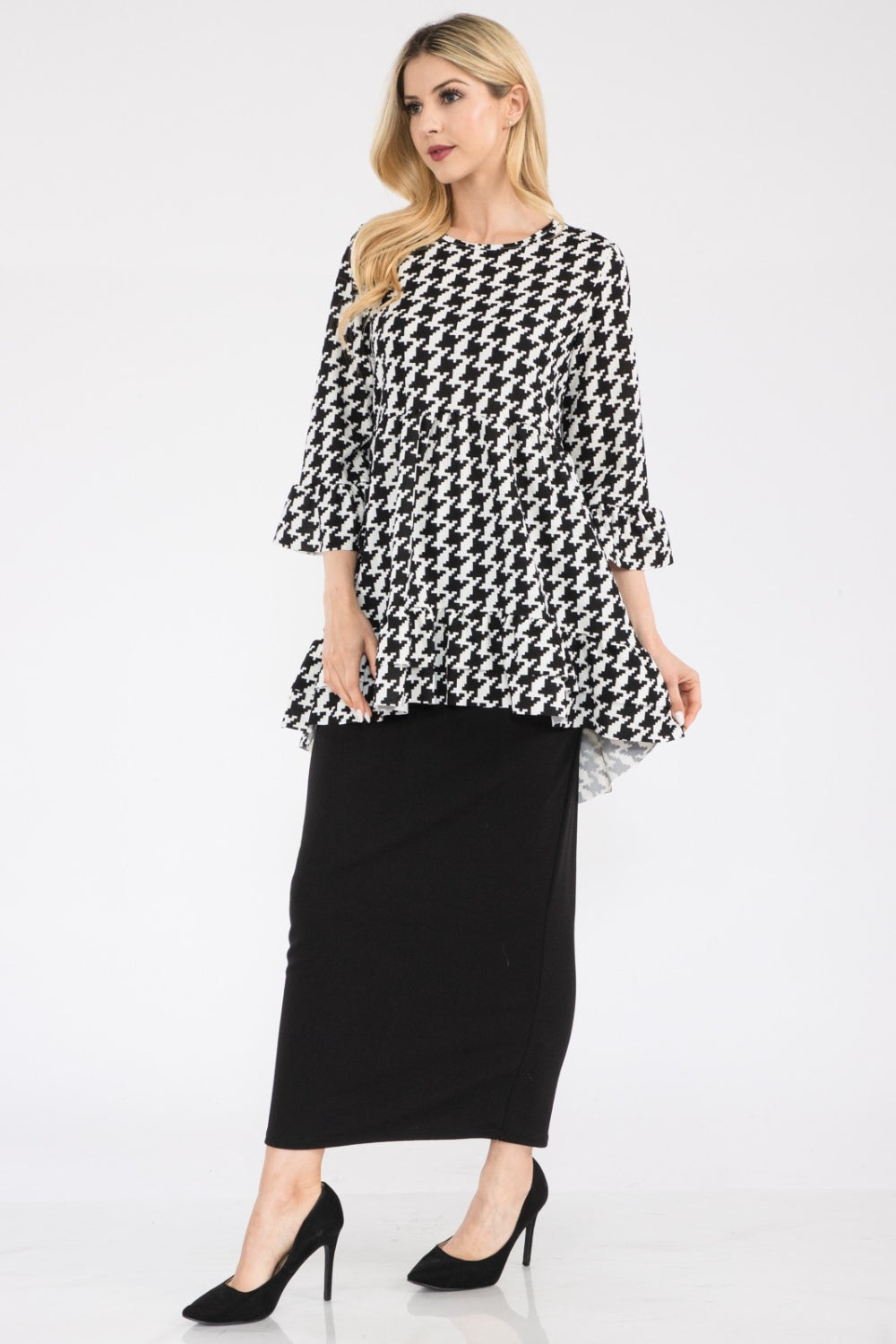 Celeste Full Size Houndstooth Flounce Sleeve High-Low Top -4 colors- Trendsi