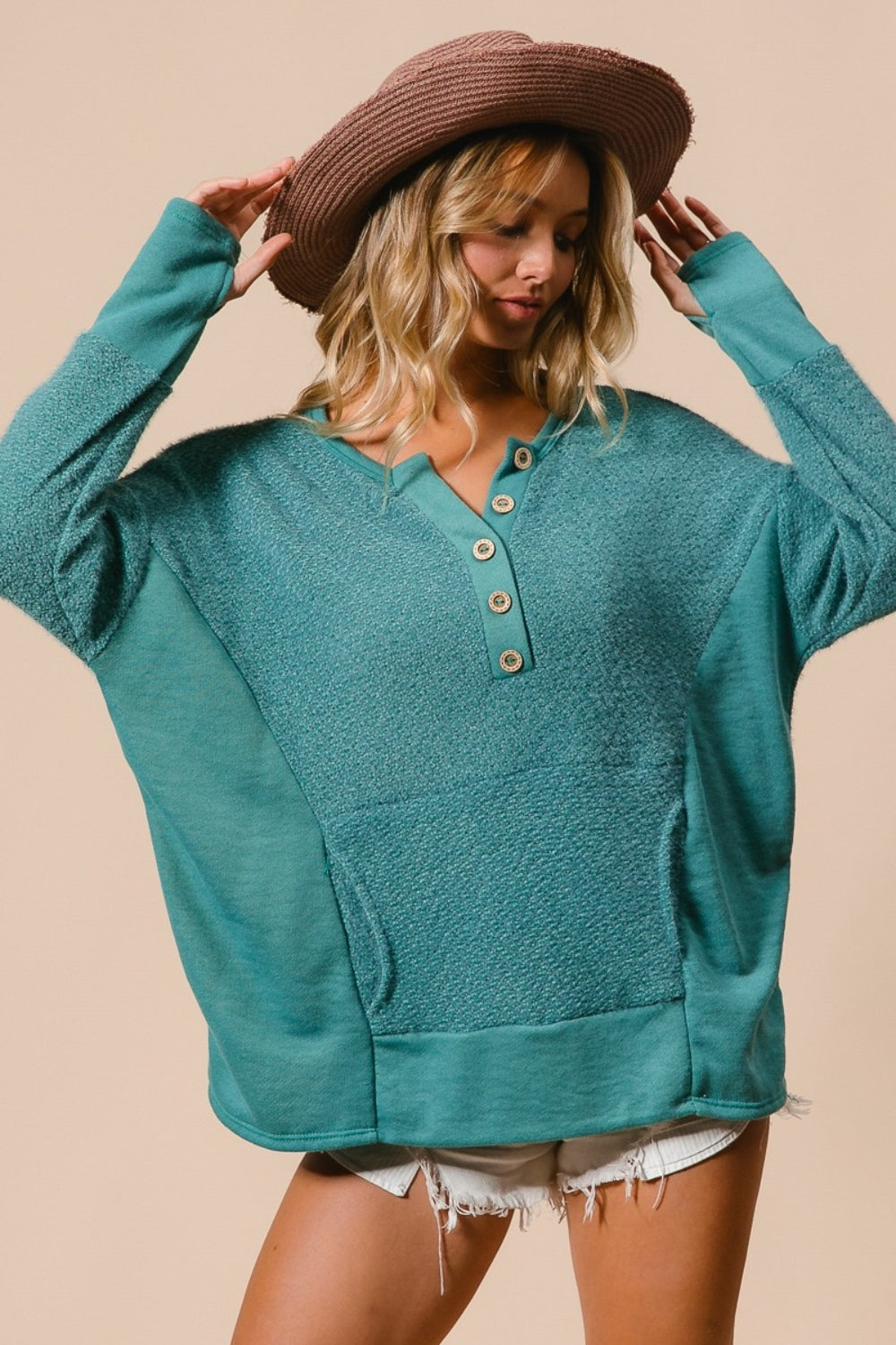 BiBi Thumb Opening Long Sleeve Top with Kangaroo Pocket Trendsi