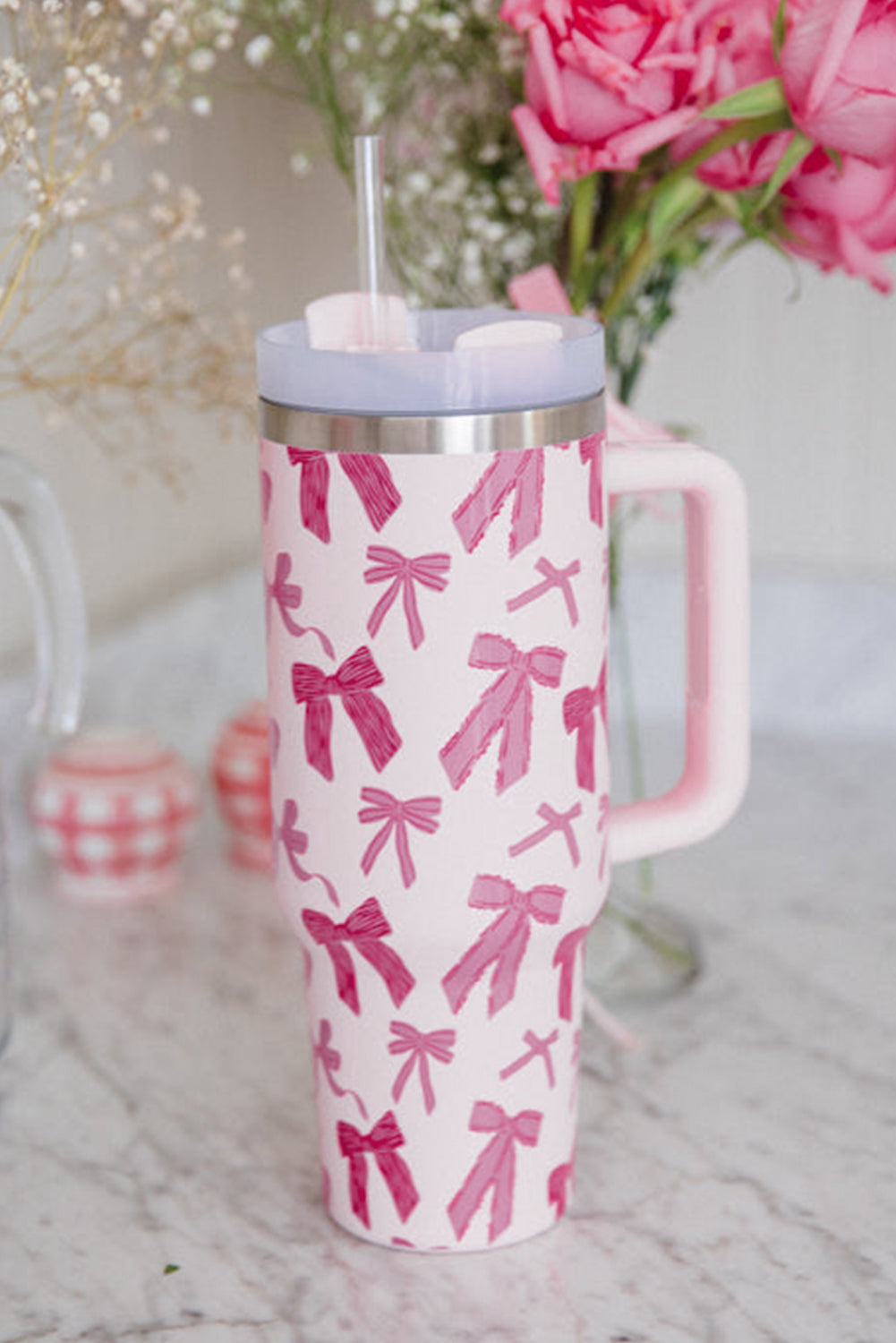 Pink Cute Bowknot Printed Tumbler with Handle 40oz