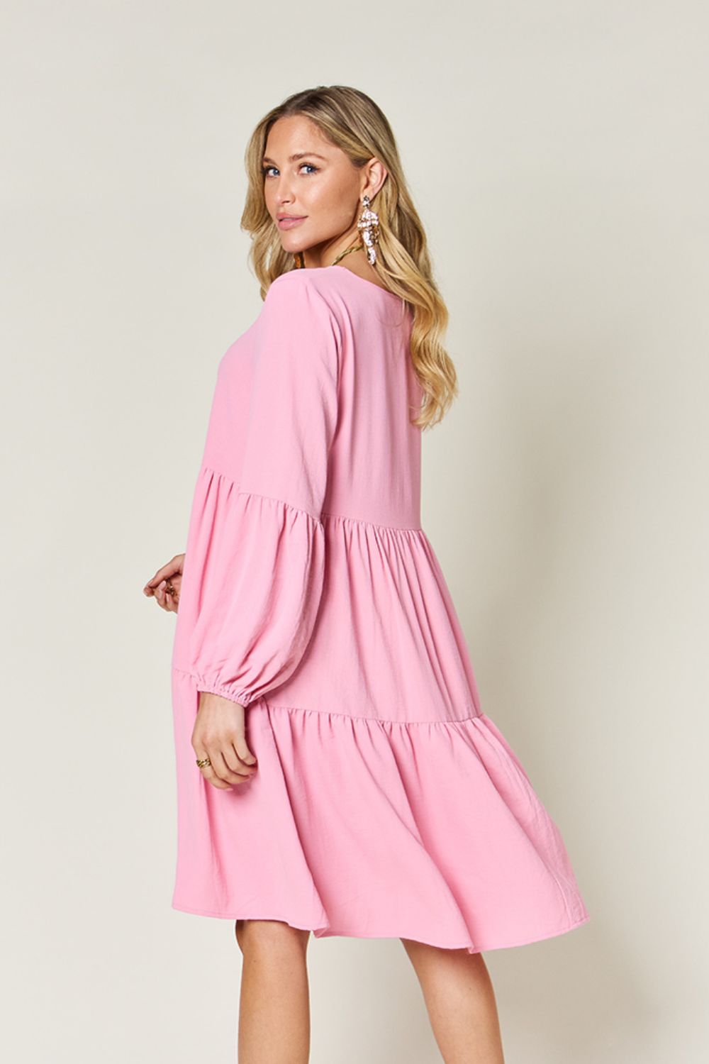 Double Take Full Size V-Neck Balloon Sleeve Tiered Dress with Pockets Trendsi