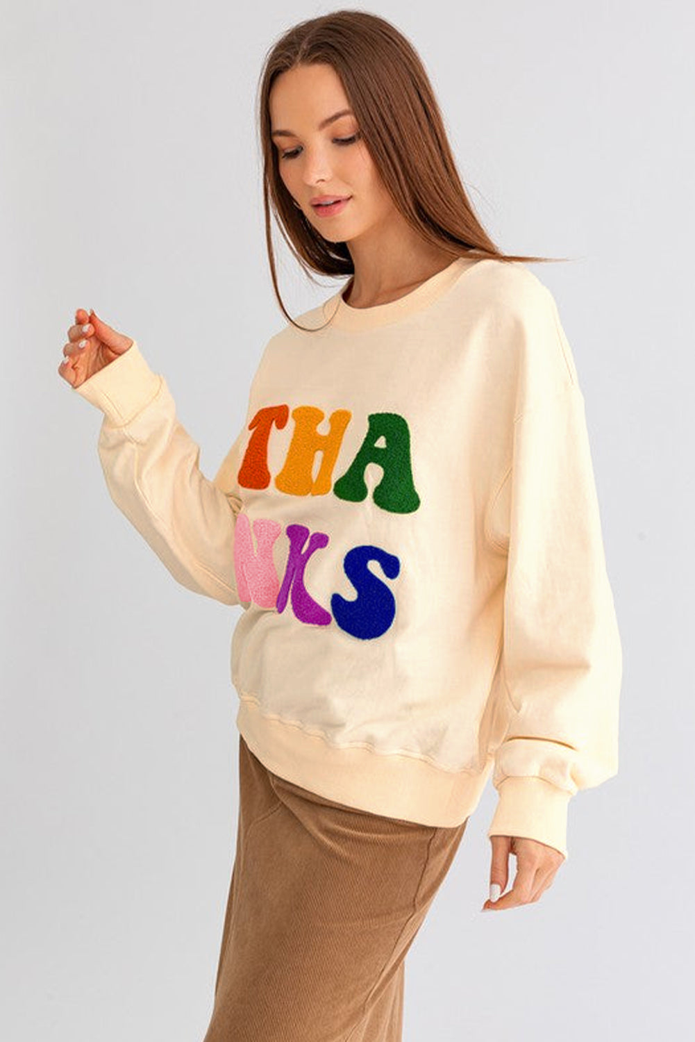 Apricot THANKS Chenille Drop Shoulder Sweatshirt