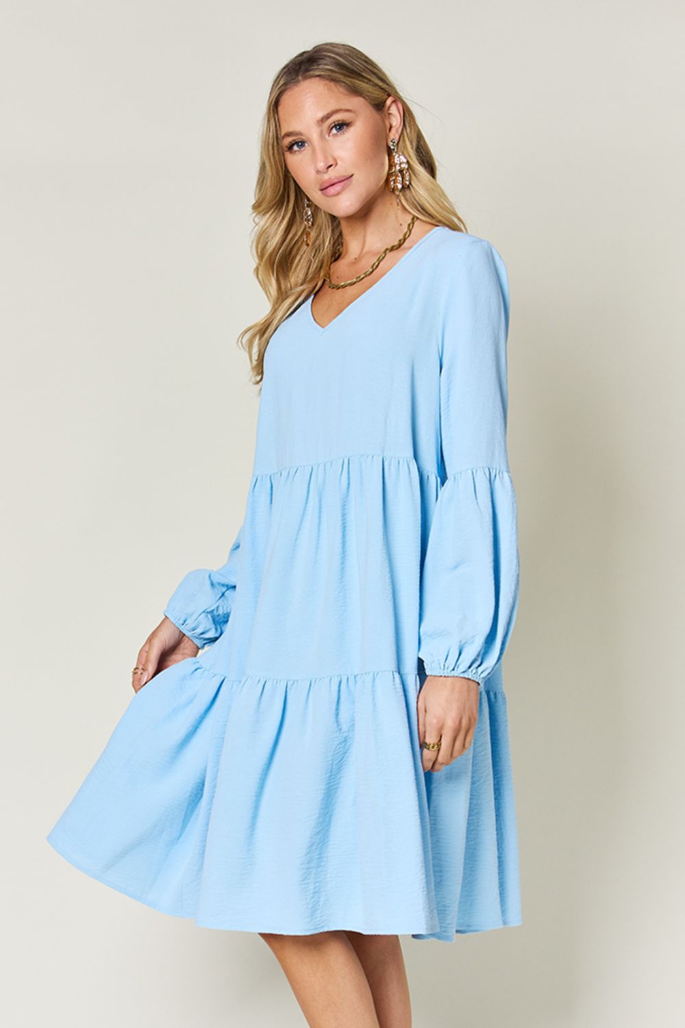 Double Take Full Size V-Neck Balloon Sleeve Tiered Dress with Pockets Trendsi