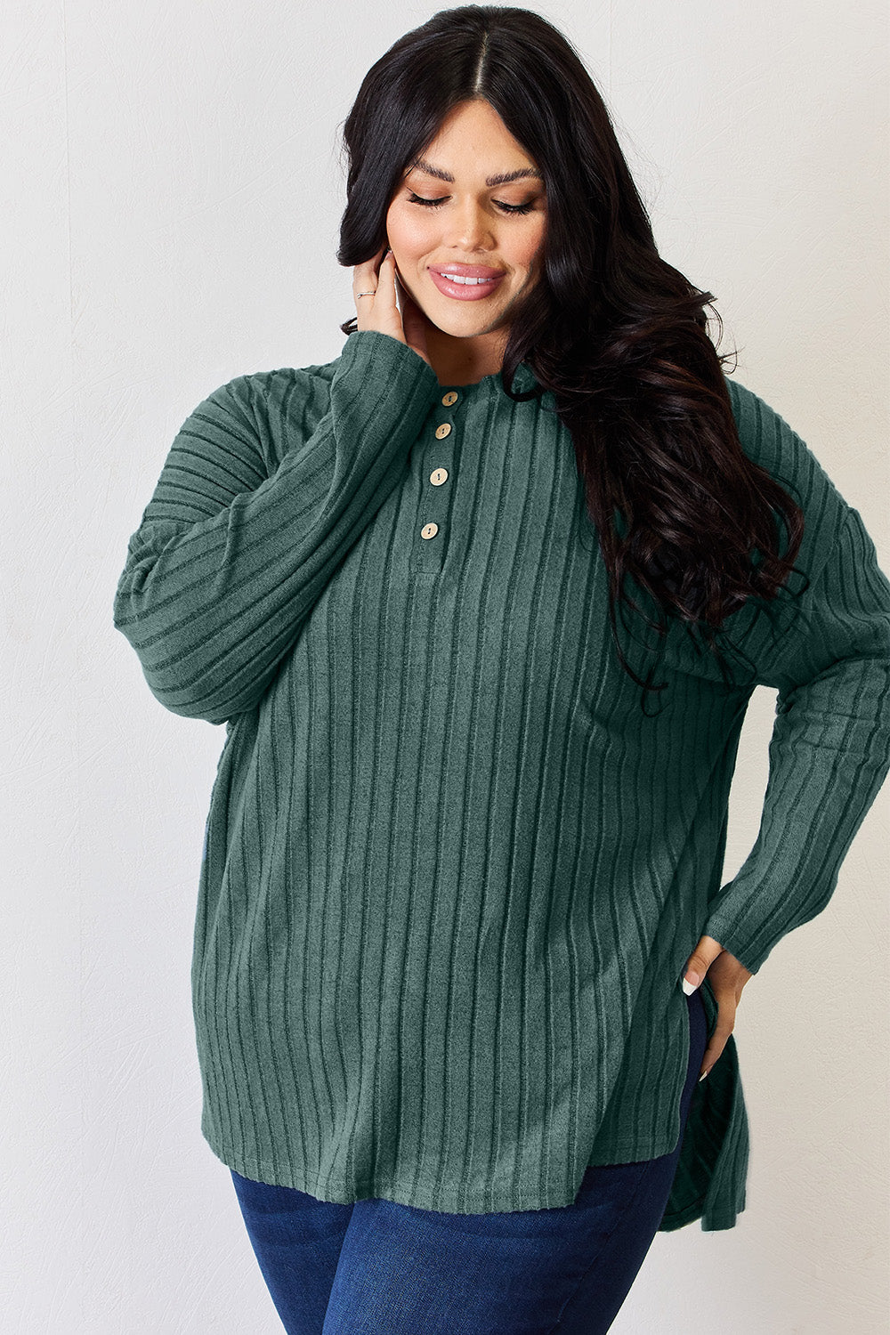 Basic Bae Full Size Ribbed Half Button Long Sleeve High-Low T-Shirt -5 colors- Trendsi