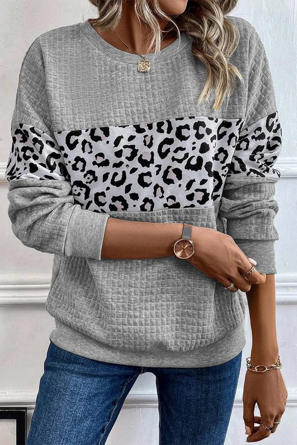 Leopard Round Neck Long Sleeve Sweatshirt Trendsi