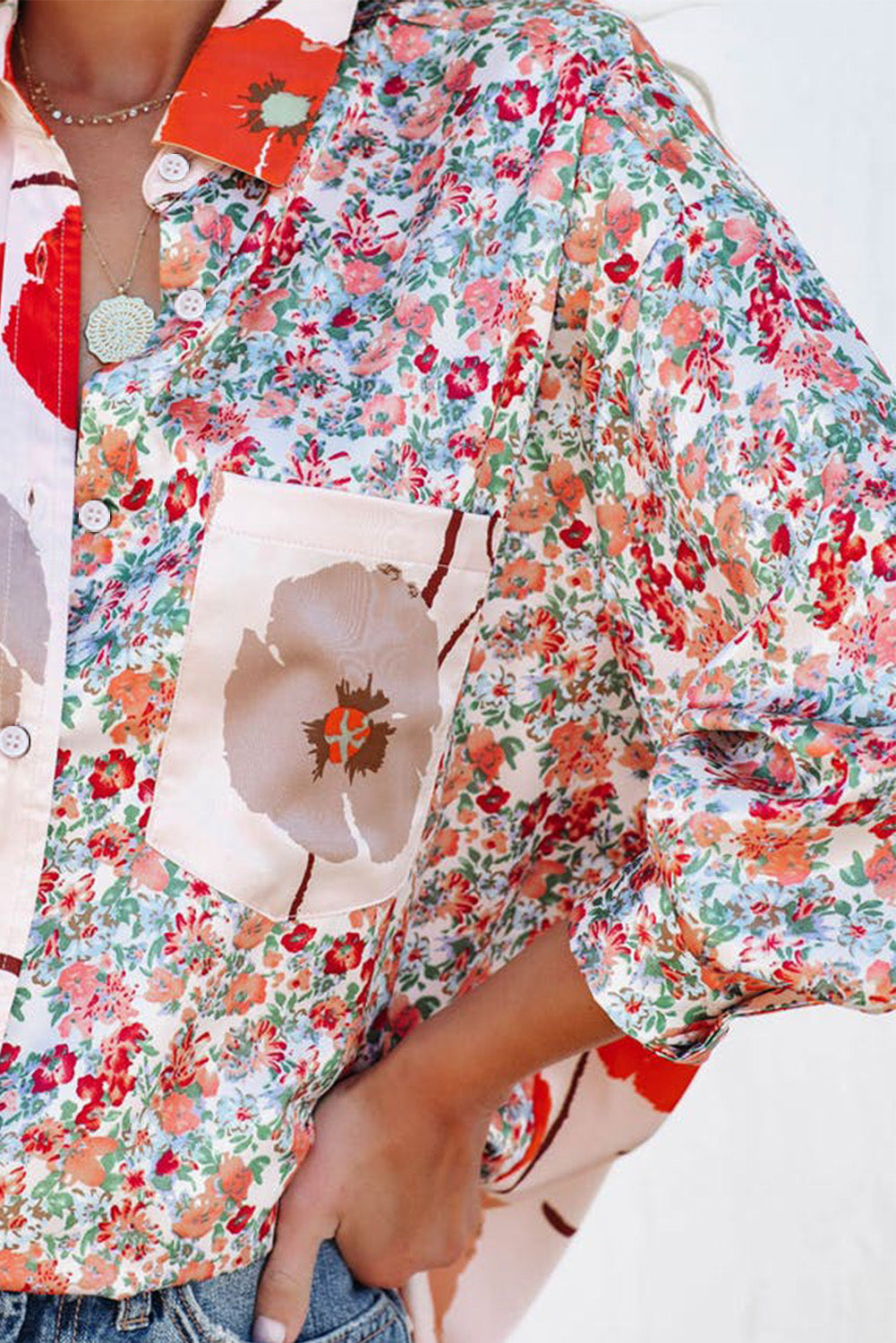 Red Bohemian Floral Pockets Patchwork Button Up Shirt