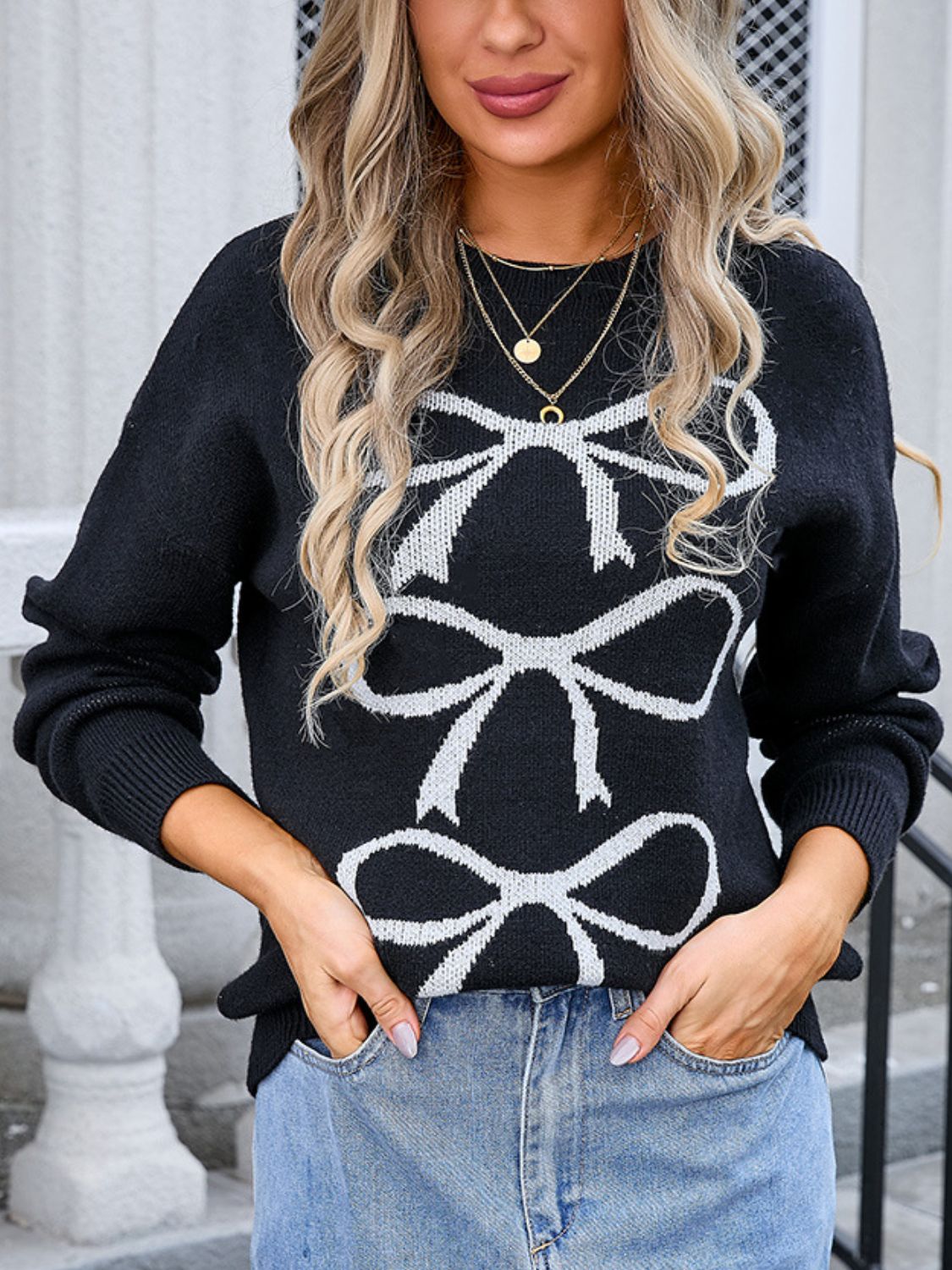 Bow Graphic Round Neck Long Sleeve Sweater -3 colors- Trendsi