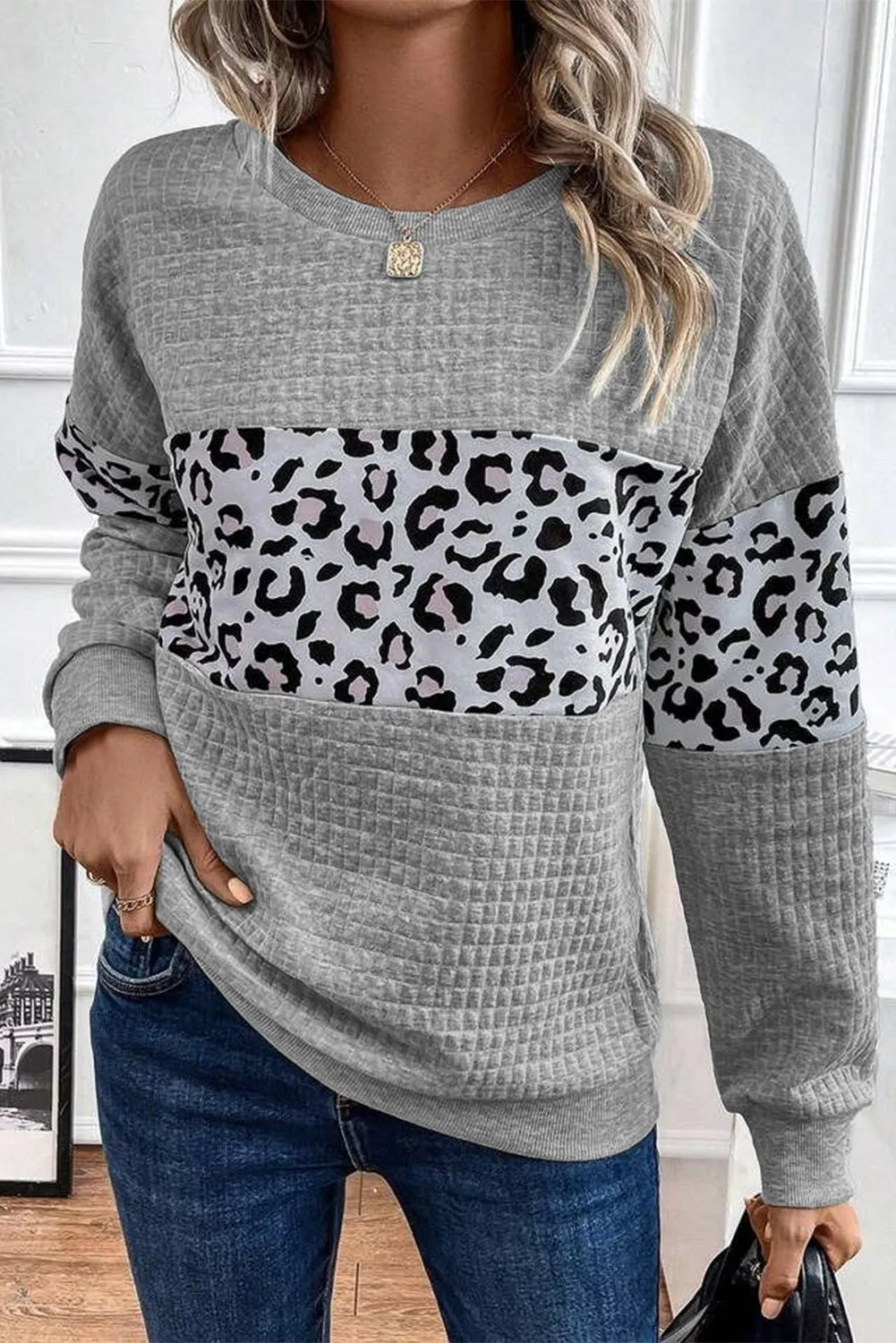 Leopard Round Neck Long Sleeve Sweatshirt Trendsi