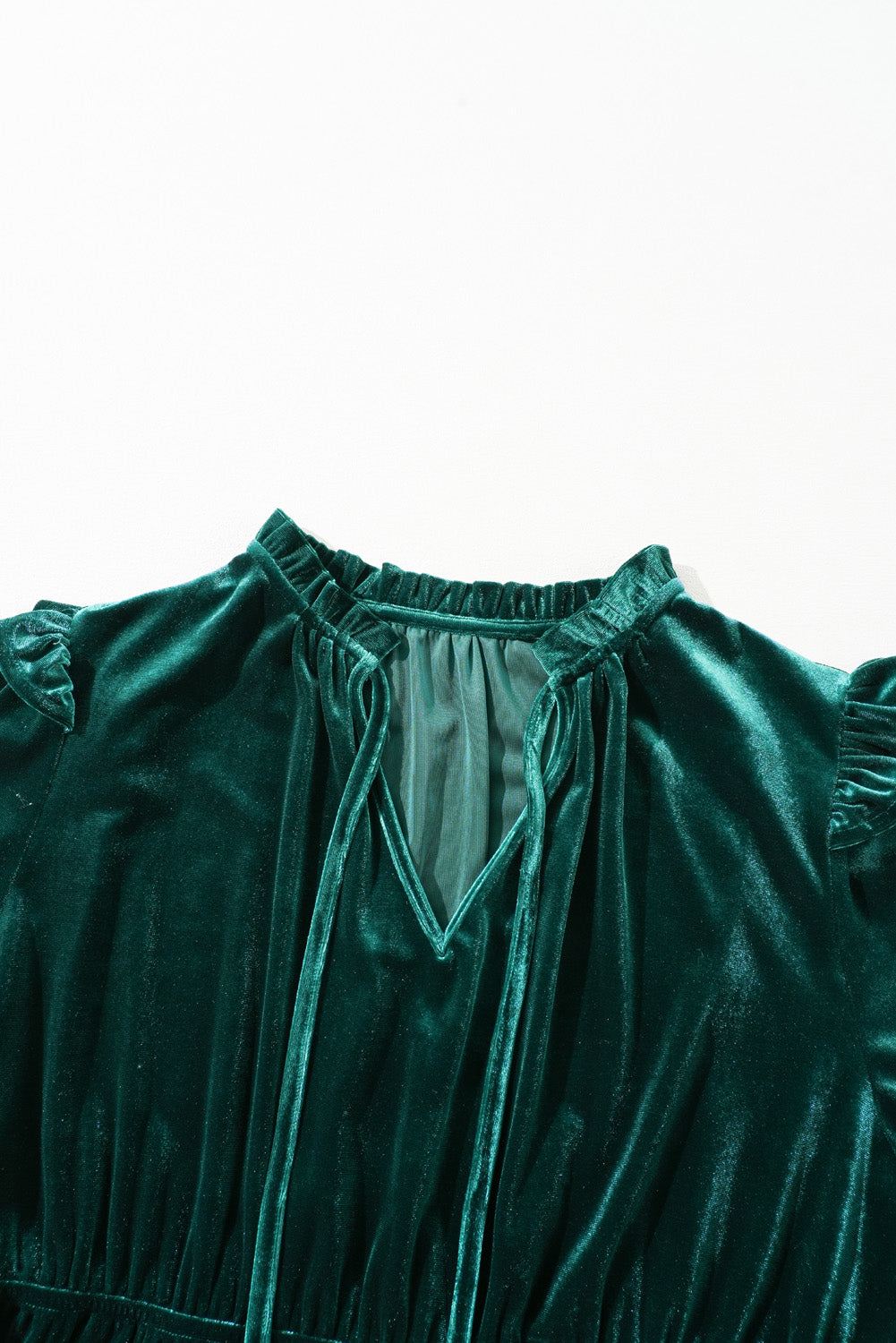 Blackish Green Frill Neck Velvet High Waist Plus Size Dress