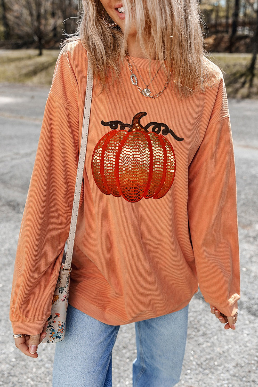 Sequin Pumpkin Round Neck Long Sleeve Sweatshirt -2 colors- Trendsi