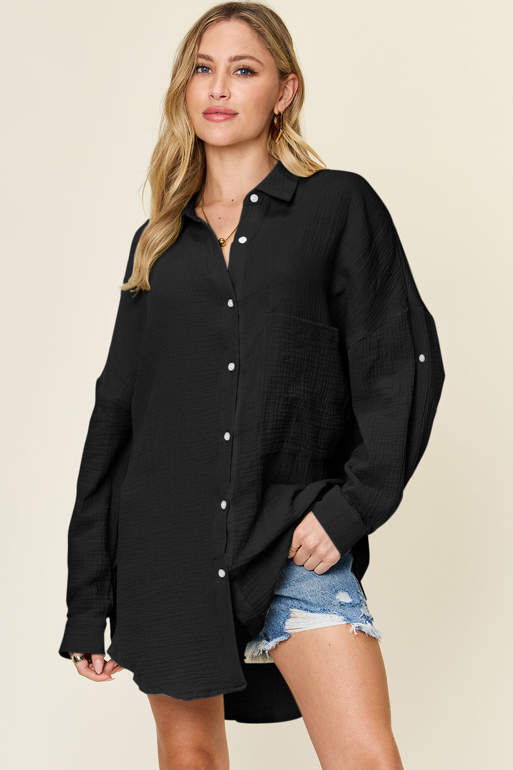 Double Take Full Size Pocketed Texture Button Up Shirt Trendsi