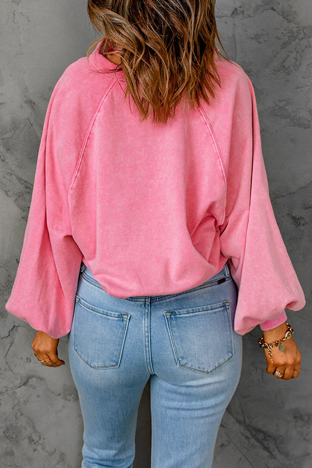 Pink Sequin Flower Patch Graphic Henley Sweatshirt