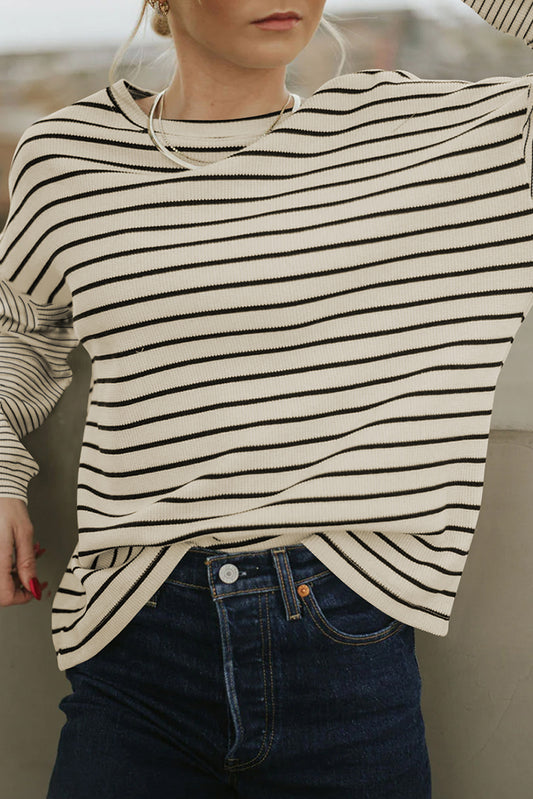 Black Stripe Patchwork Loose Long Sleeve Tee -2 colors-