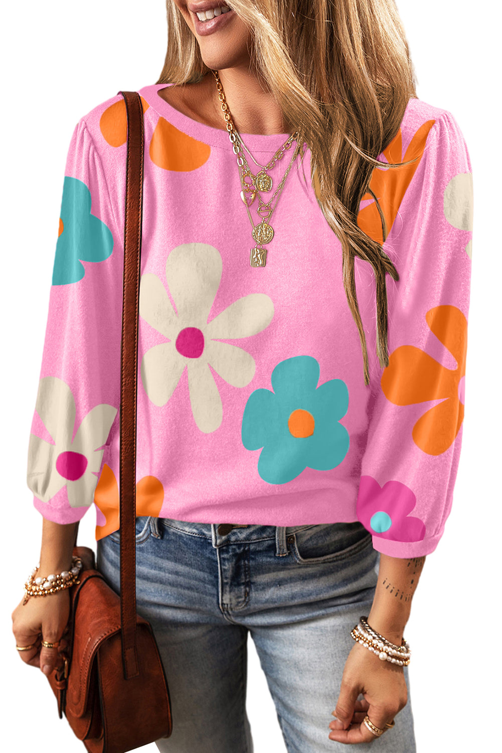 Apricot Flower Print Ruched Bracelet Sleeve Top -2 colors-