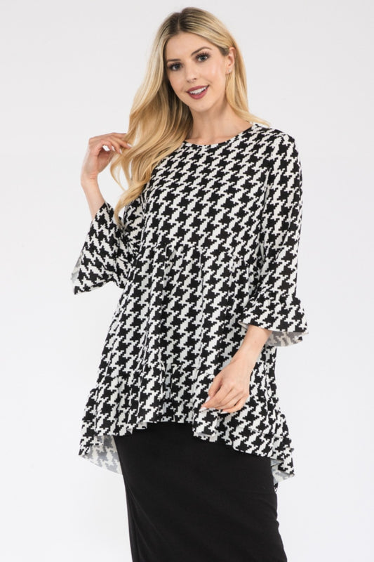 Celeste Full Size Houndstooth Flounce Sleeve High-Low Top -4 colors- Trendsi