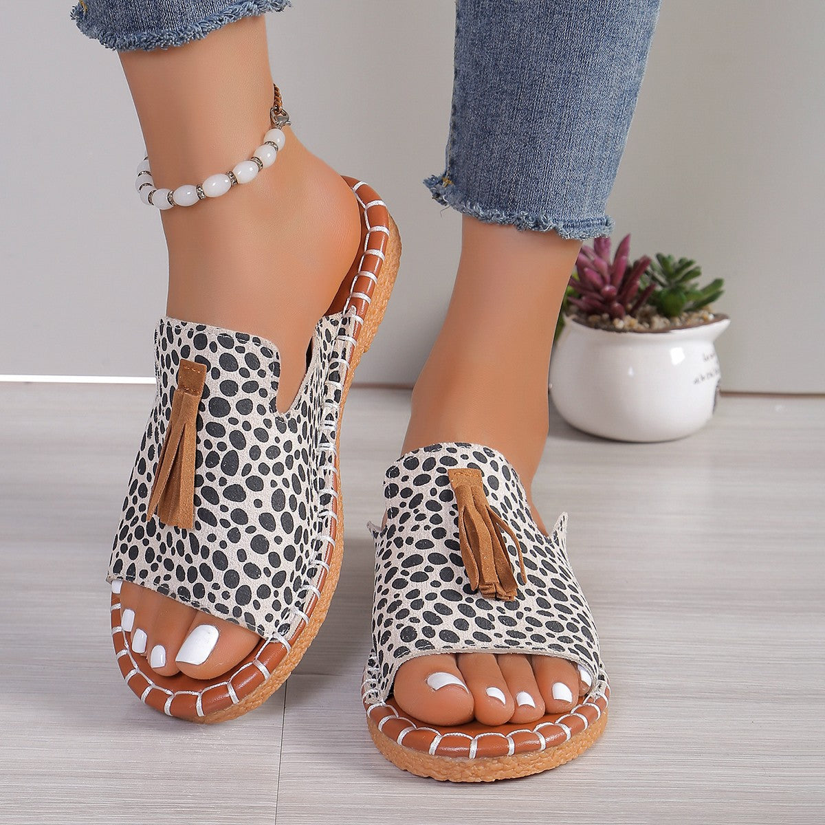 Fringe Leopard Open Toe Sandals Trendsi