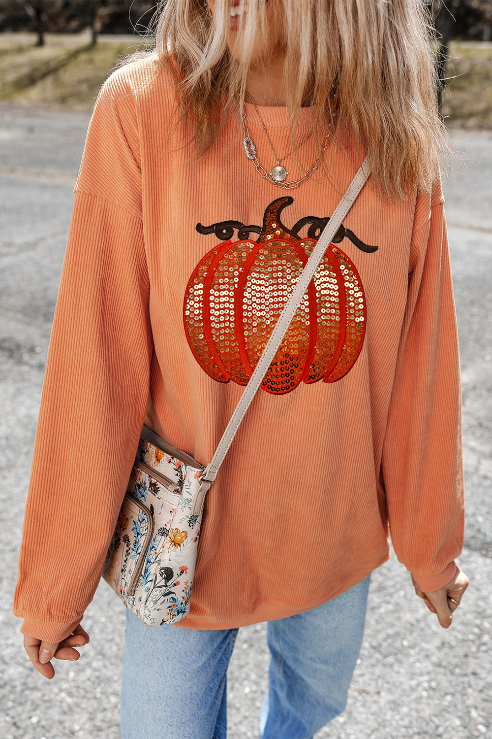 Sequin Pumpkin Round Neck Long Sleeve Sweatshirt -2 colors- Trendsi