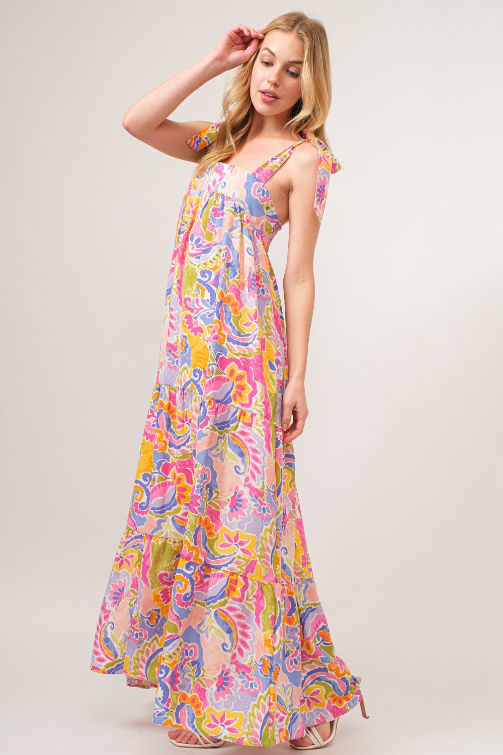 And The Why Full Size Printed Tie Shoulder Tiered Maxi Dress Trendsi