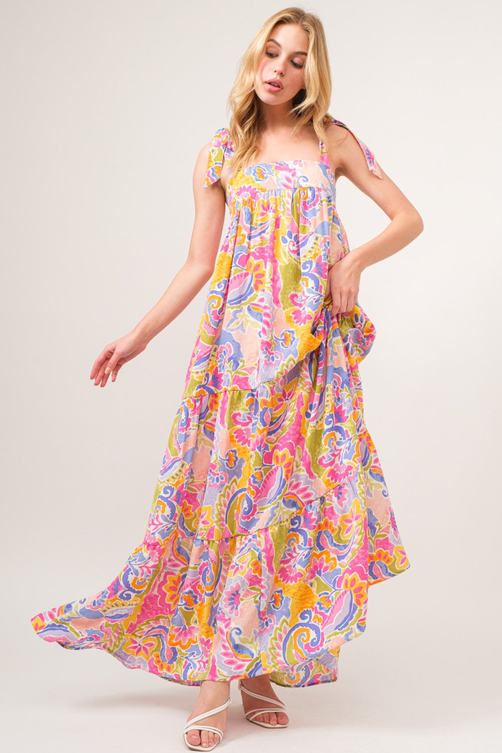 And The Why Full Size Printed Tie Shoulder Tiered Maxi Dress Trendsi