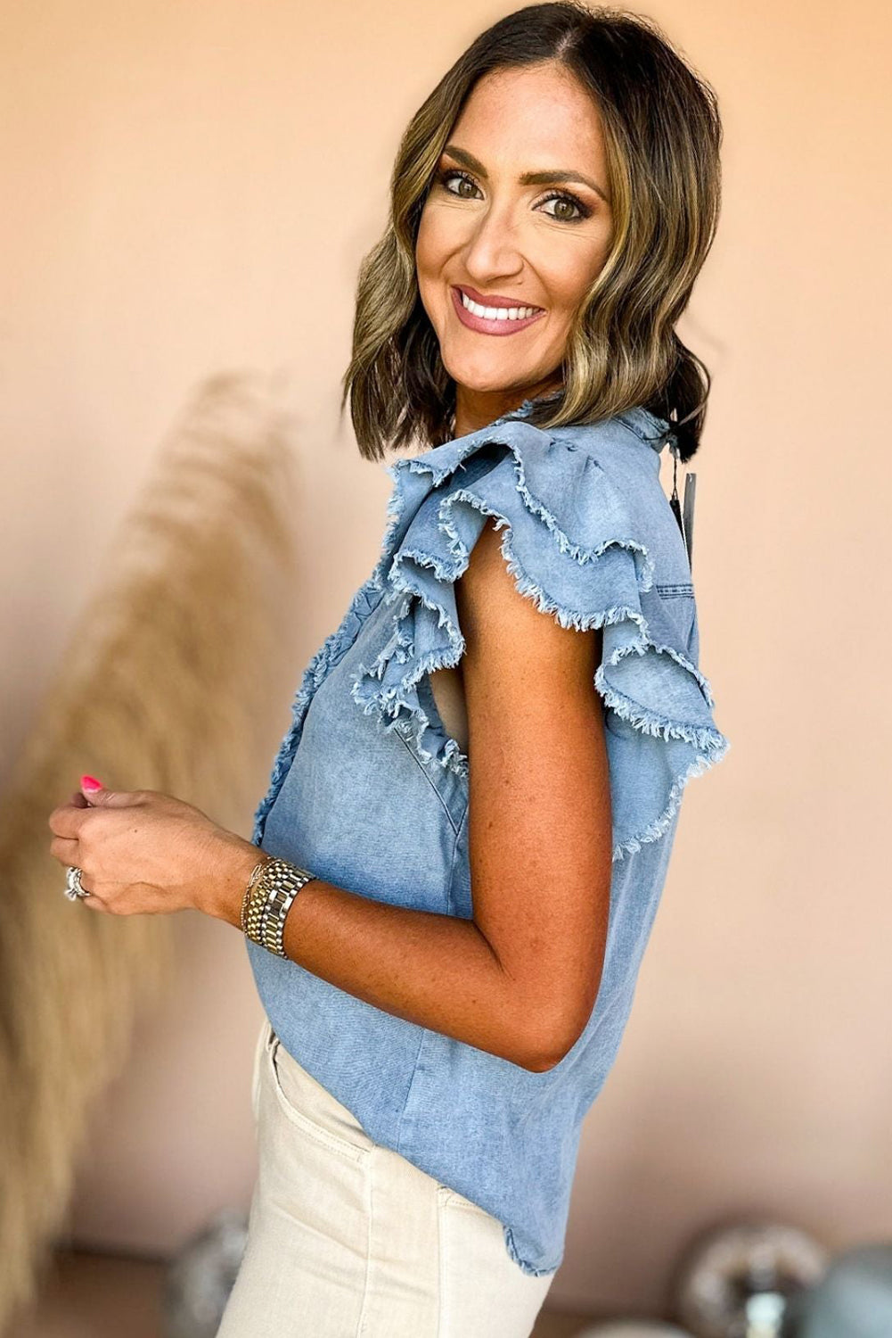 Beau Blue Button Front Ruffled Flutter Frayed Denim Top -2 colors-