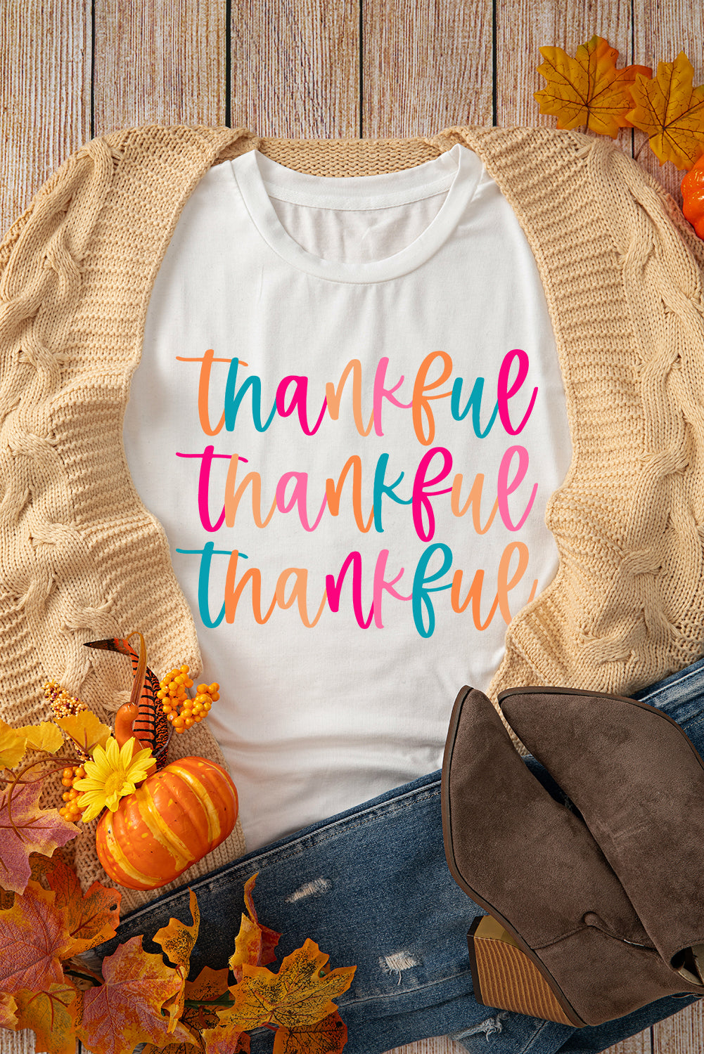 White Colorful Thankful Print Thanksgiving Graphic T-Shirt