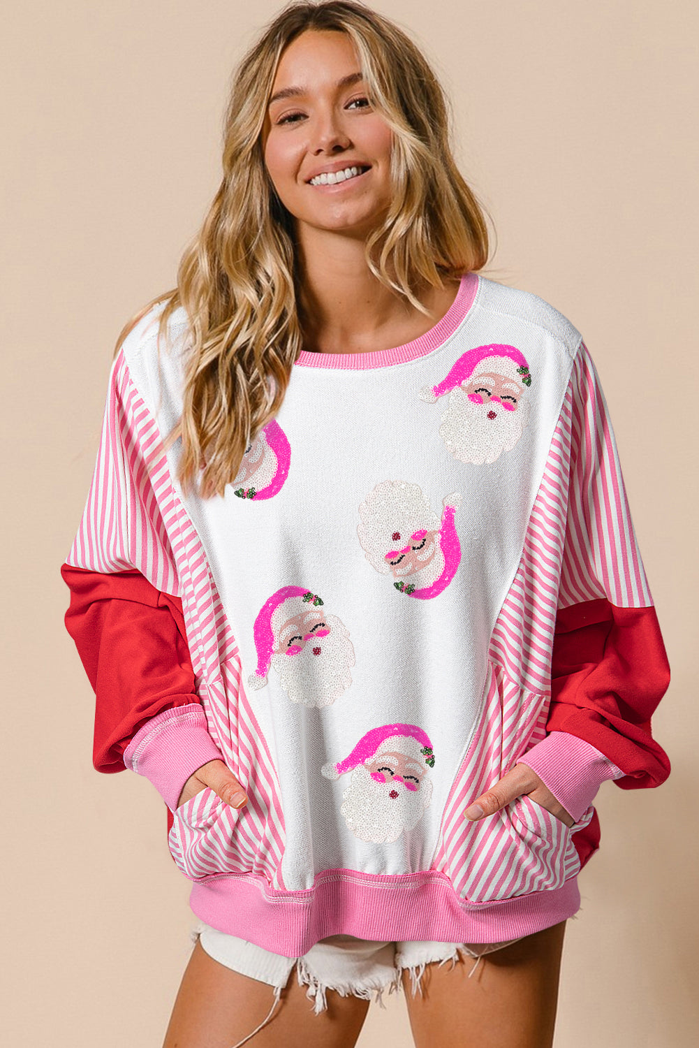 Rose Red Santa Claus Striped Block Patchwork Graphic Sweatshirt