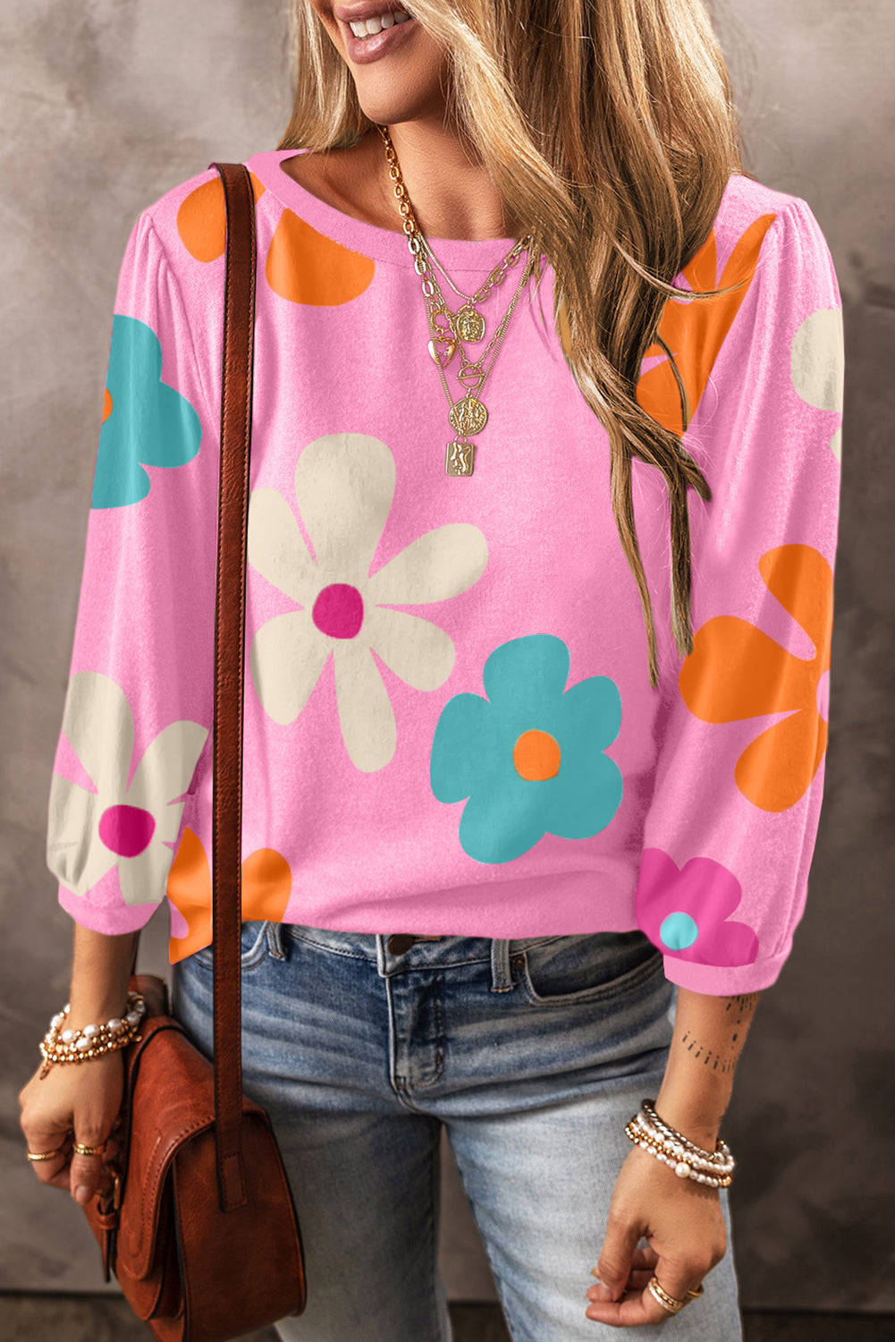 Apricot Flower Print Ruched Bracelet Sleeve Top -2 colors-