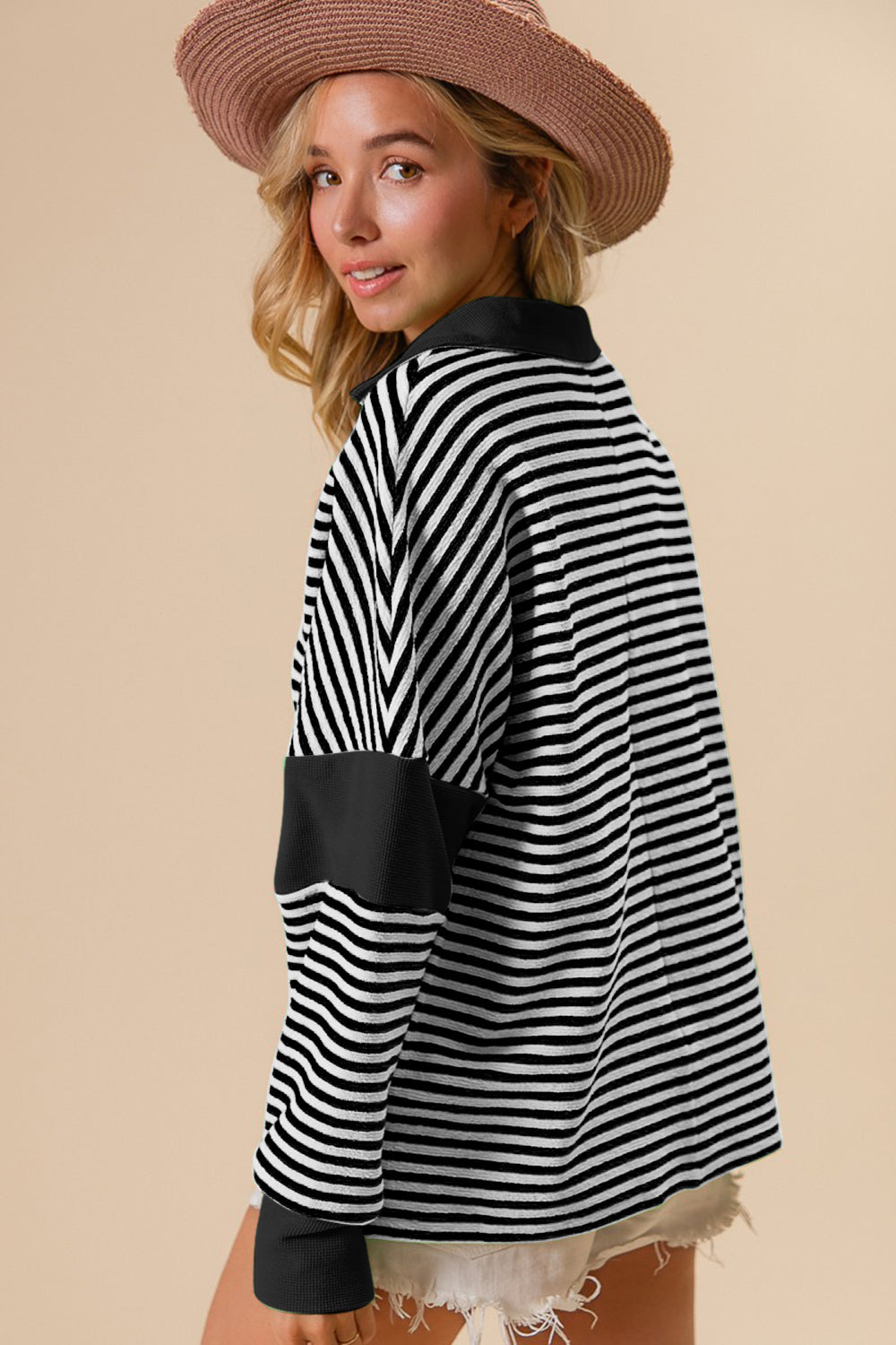 BiBi Striped Contrast Long Sleeve Knit Top Trendsi