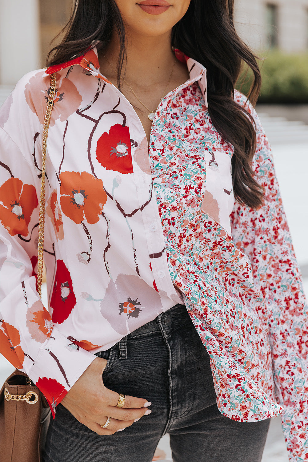 Red Bohemian Floral Pockets Patchwork Button Up Shirt