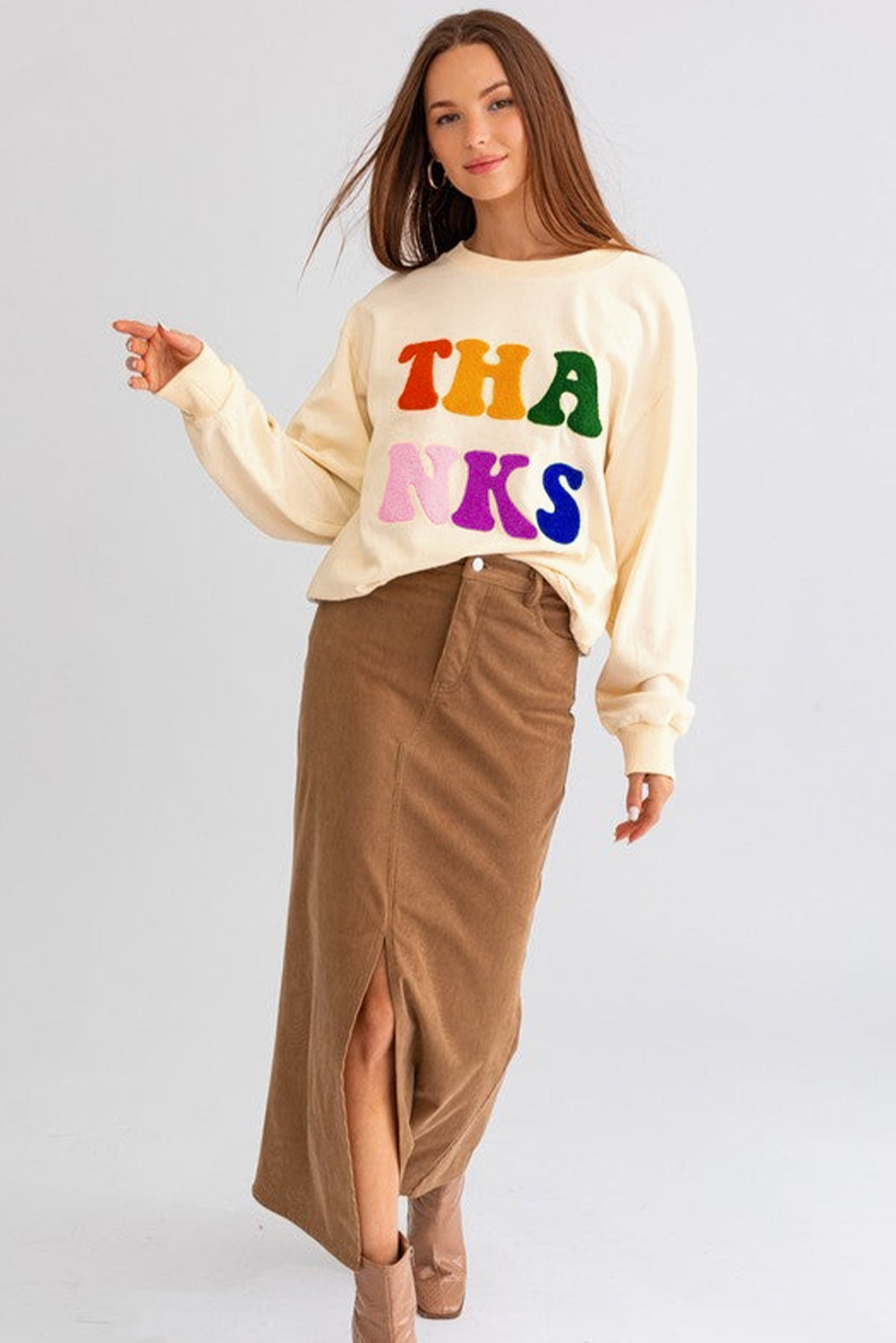 Apricot THANKS Chenille Drop Shoulder Sweatshirt