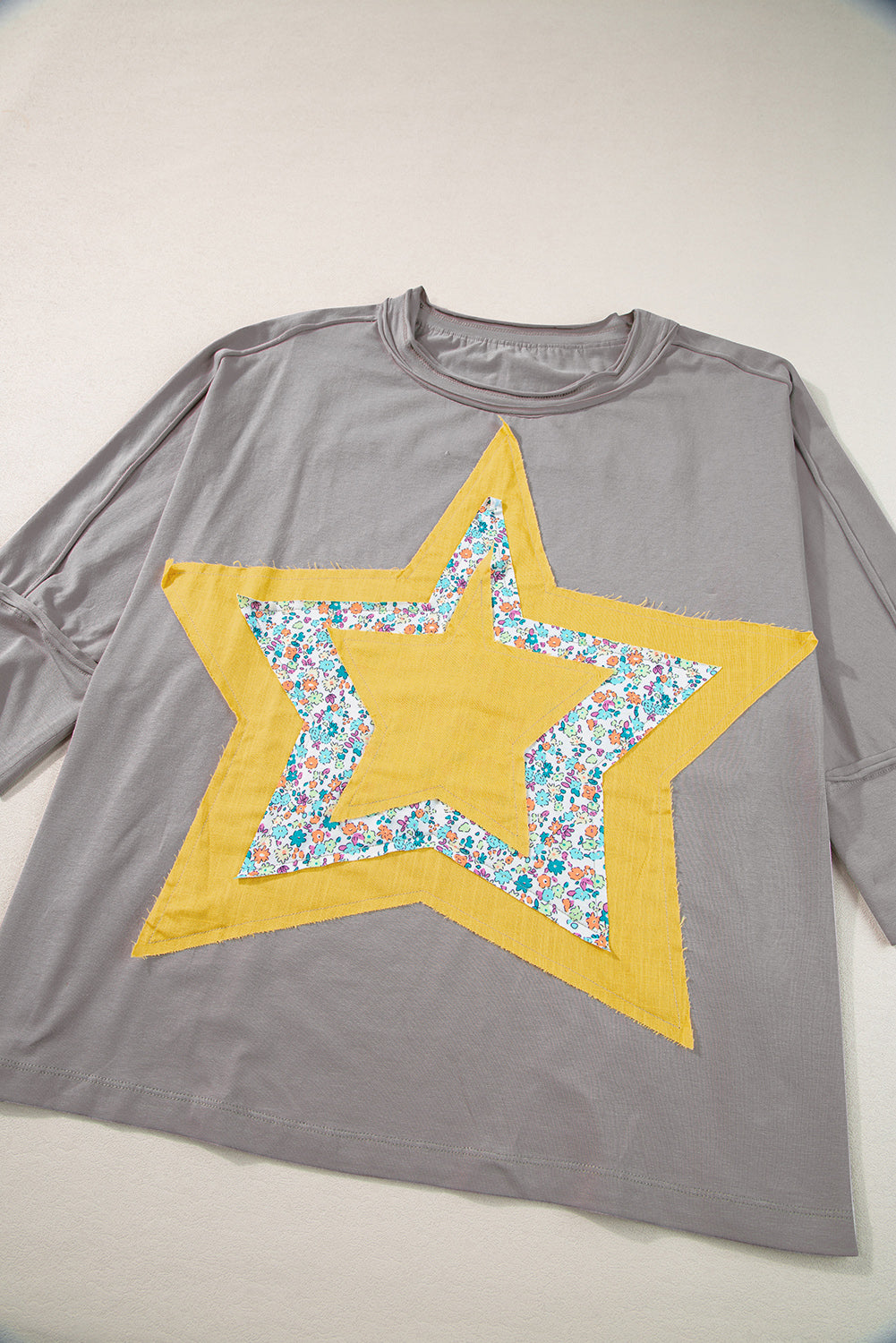 Rose Tan Floral Star Patched Exposed Seam Mineral Wash Top -2 colors-