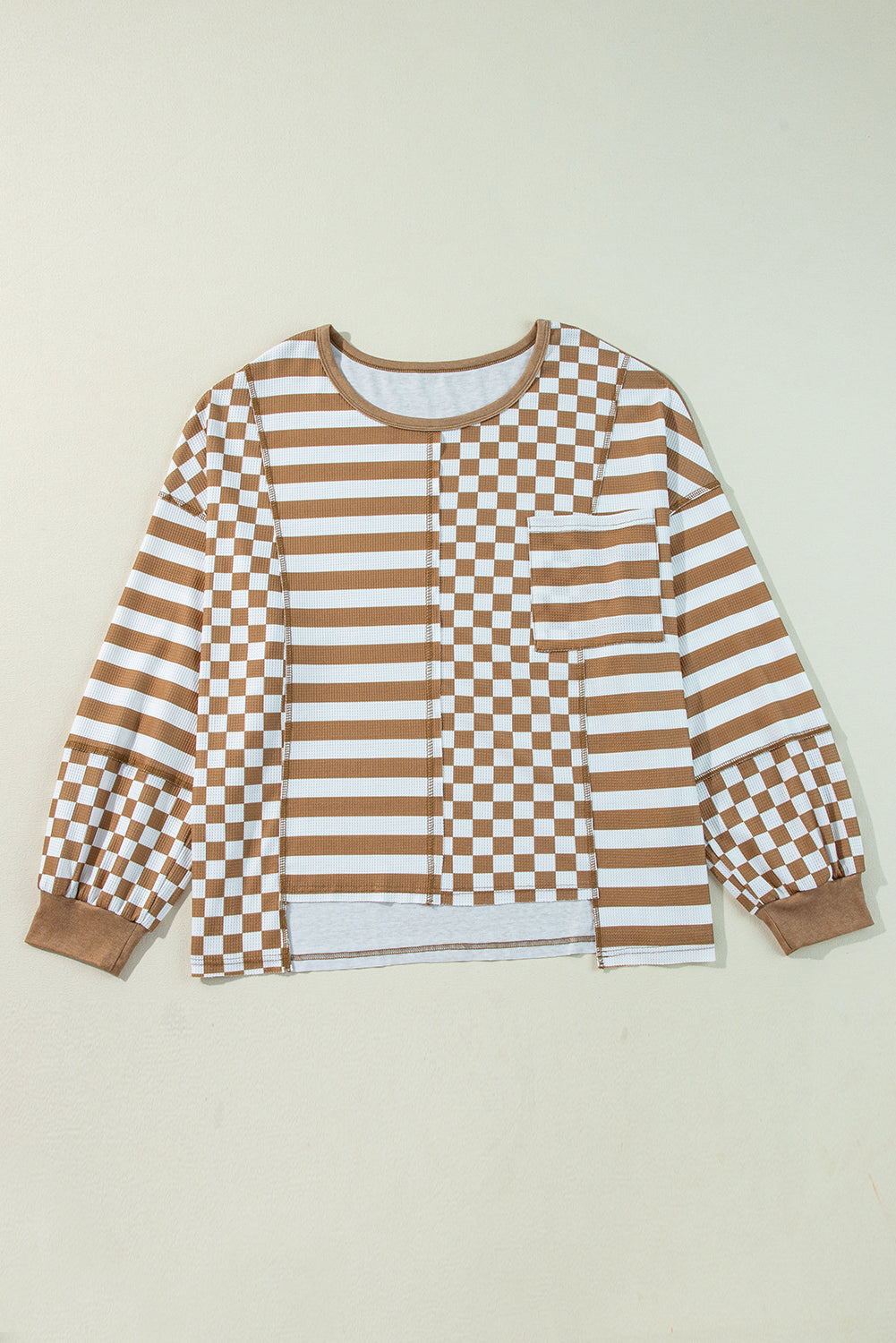 Khaki Striped Checkered Patchwork Ribbed Plus Size Top