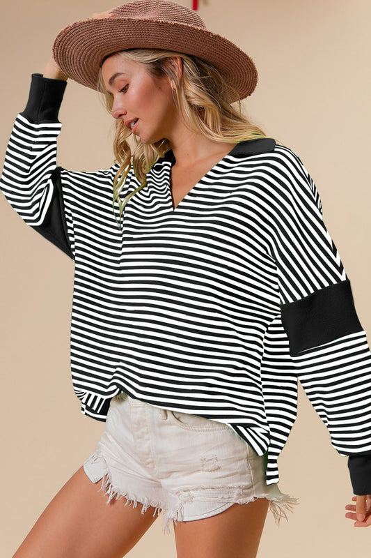 BiBi Striped Contrast Long Sleeve Knit Top Trendsi