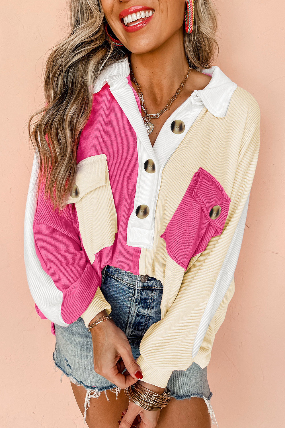 Rose Red Colorblock Patchwork Ribbed Oversized Henley Sweatshirt