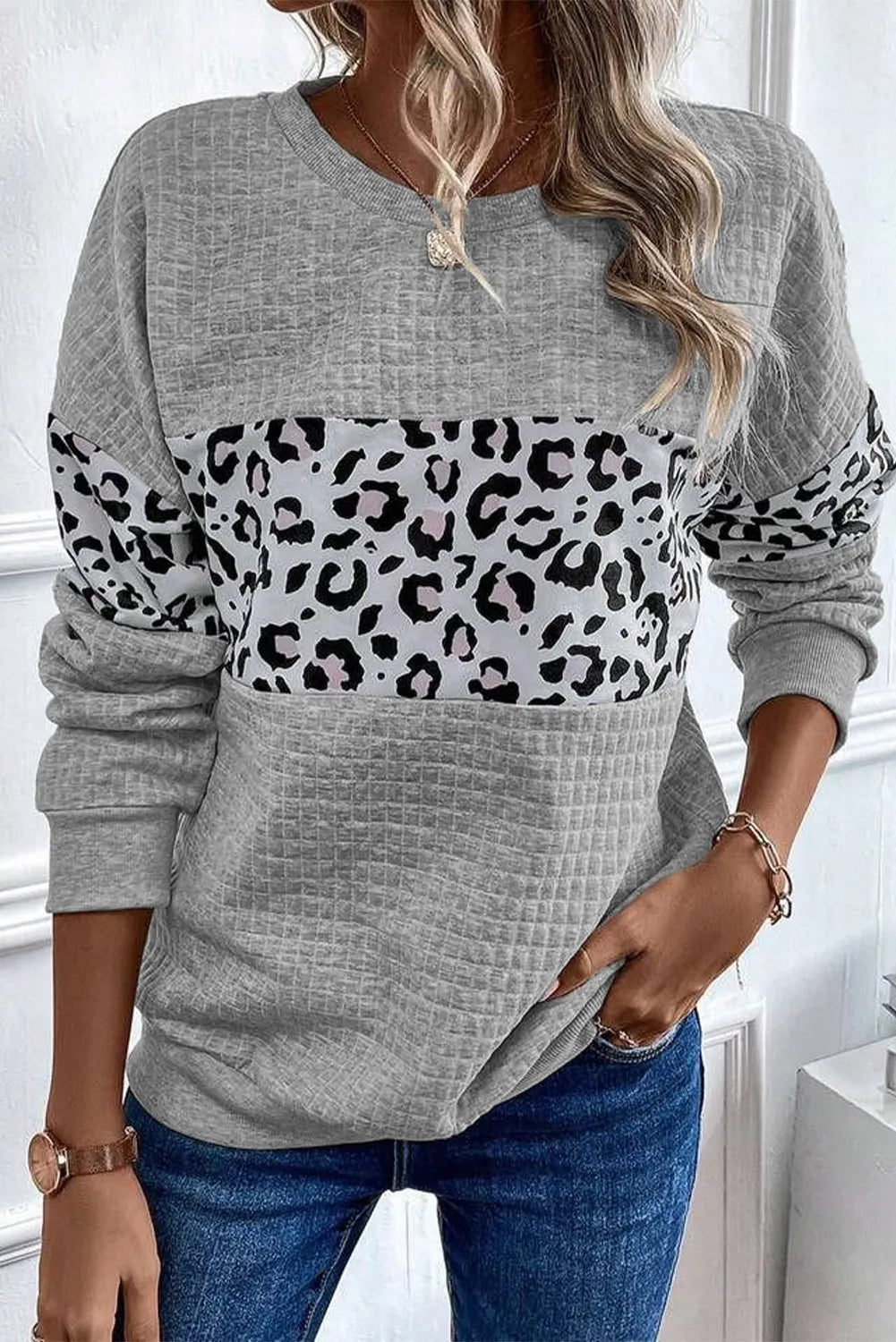 Leopard Round Neck Long Sleeve Sweatshirt Trendsi