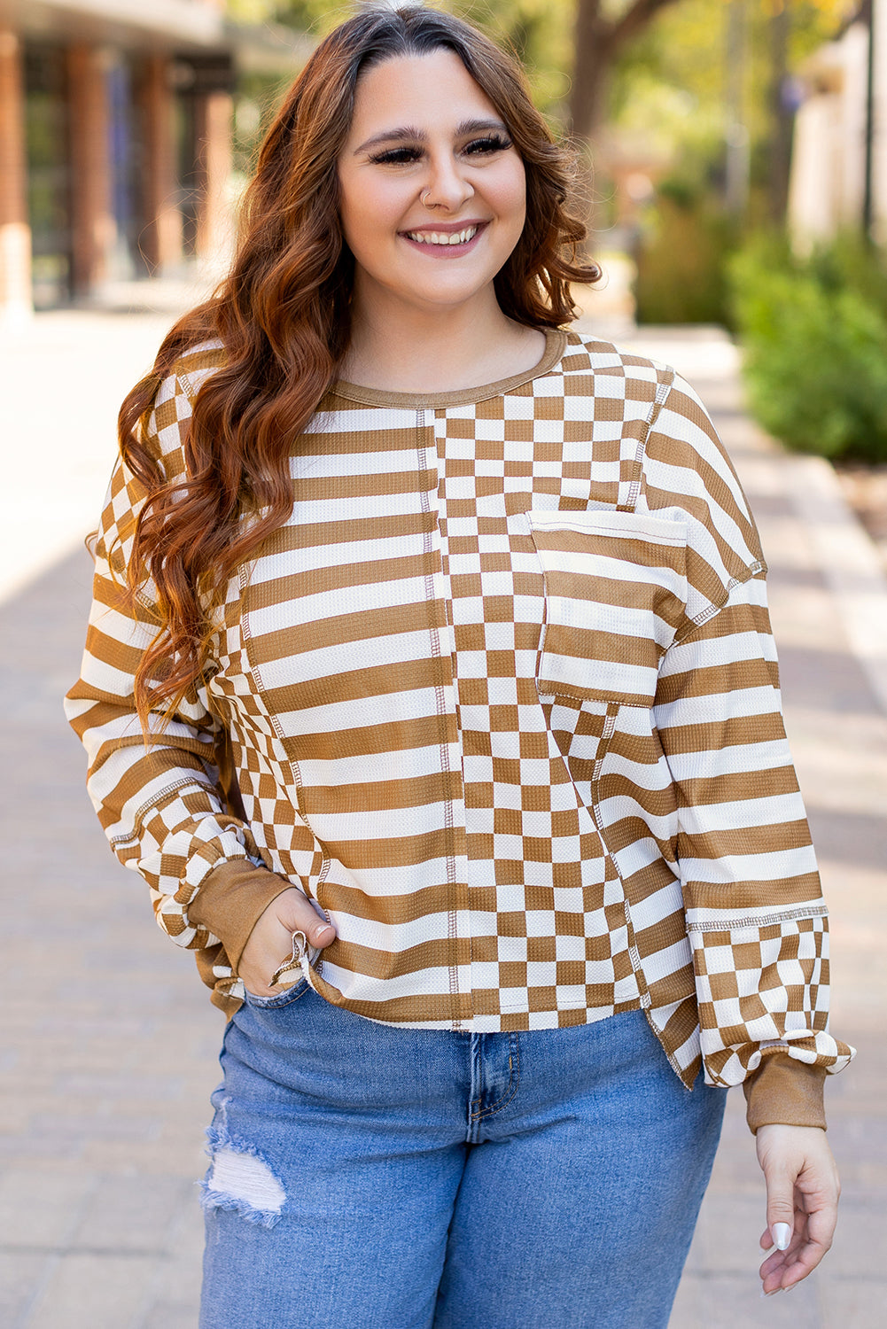 Khaki Striped Checkered Patchwork Ribbed Plus Size Top