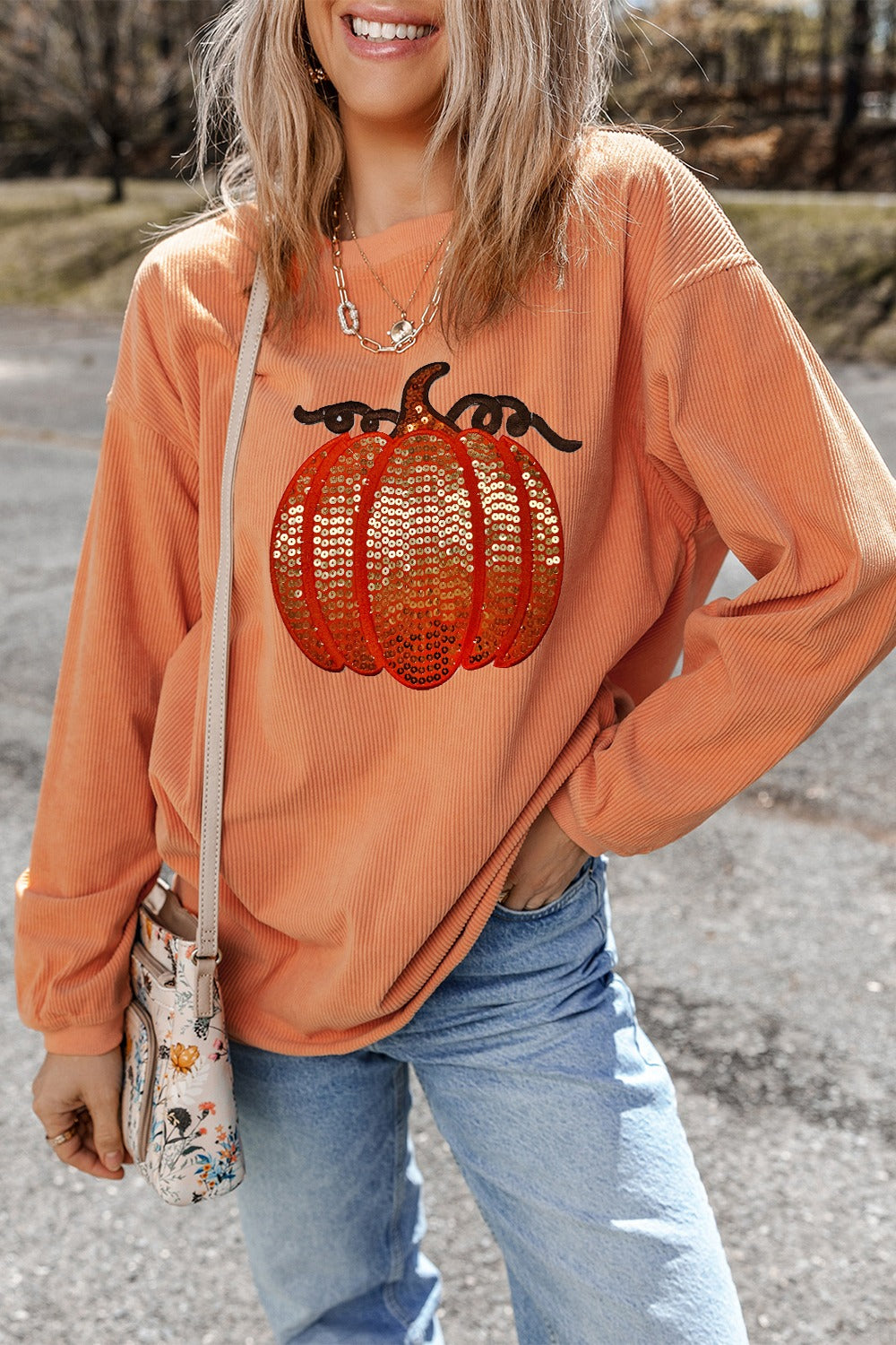 Sequin Pumpkin Round Neck Long Sleeve Sweatshirt -2 colors- Trendsi