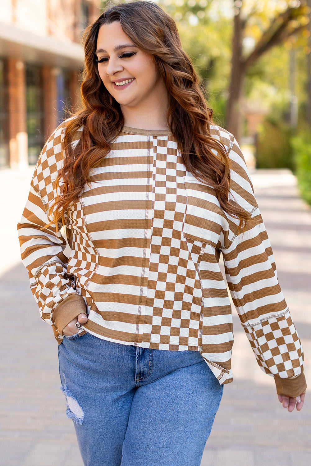 Khaki Striped Checkered Patchwork Ribbed Plus Size Top